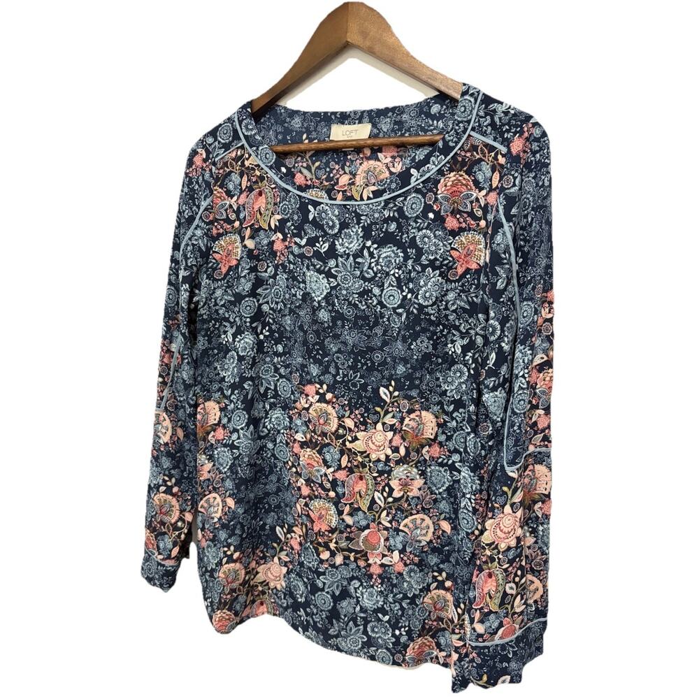 LOFT Outlet Floral Blouse Womens Small Blue Pink Long Sleeve Piped Boho Top - Picture 2 of 6